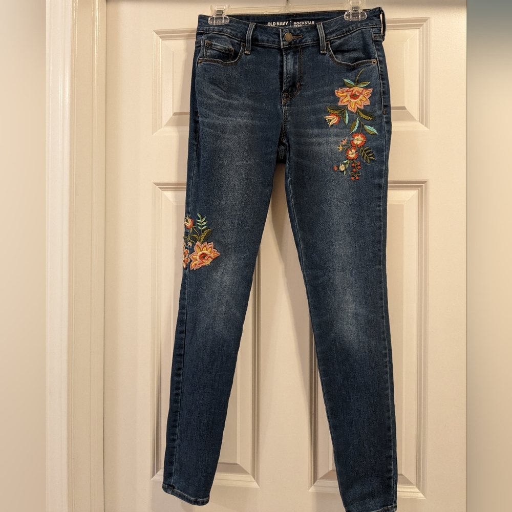 Old Navy Rockstar Mid-Rise Floral Embroidered Dark Wash Skinny Jeans - Size 2